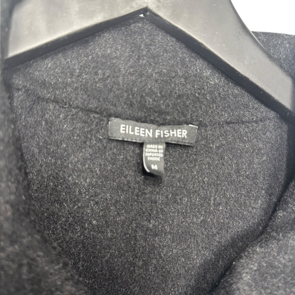 Eileen Fisher Wool Long Black Snap Button Tie Coat Jacket Size Medium Pockets - Picture 4 of 15